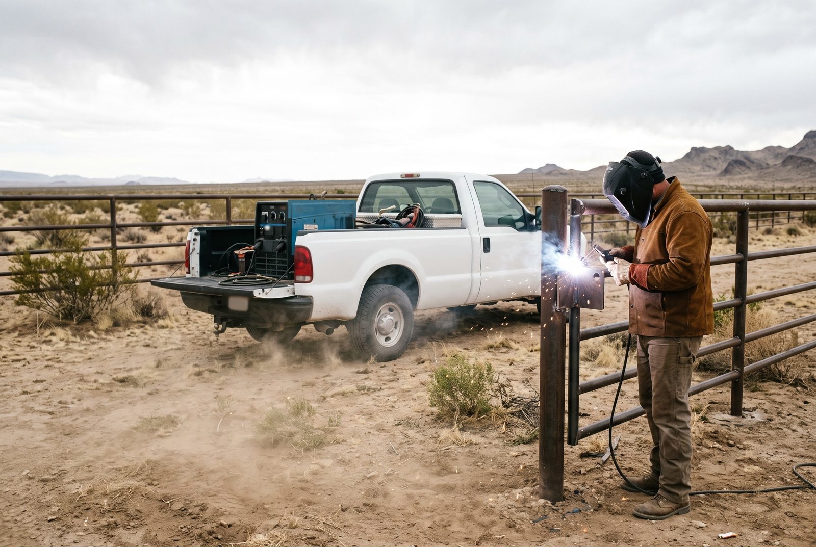 Design rendering of a welder fusing a latch plate onto a steel pipe gate post, a welder in a pickup bed behind