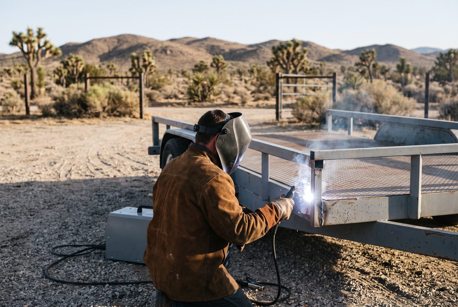 Design rendering of a welder in a lowered helmet welding a cracked stake pocket on a steel flatbed trailer