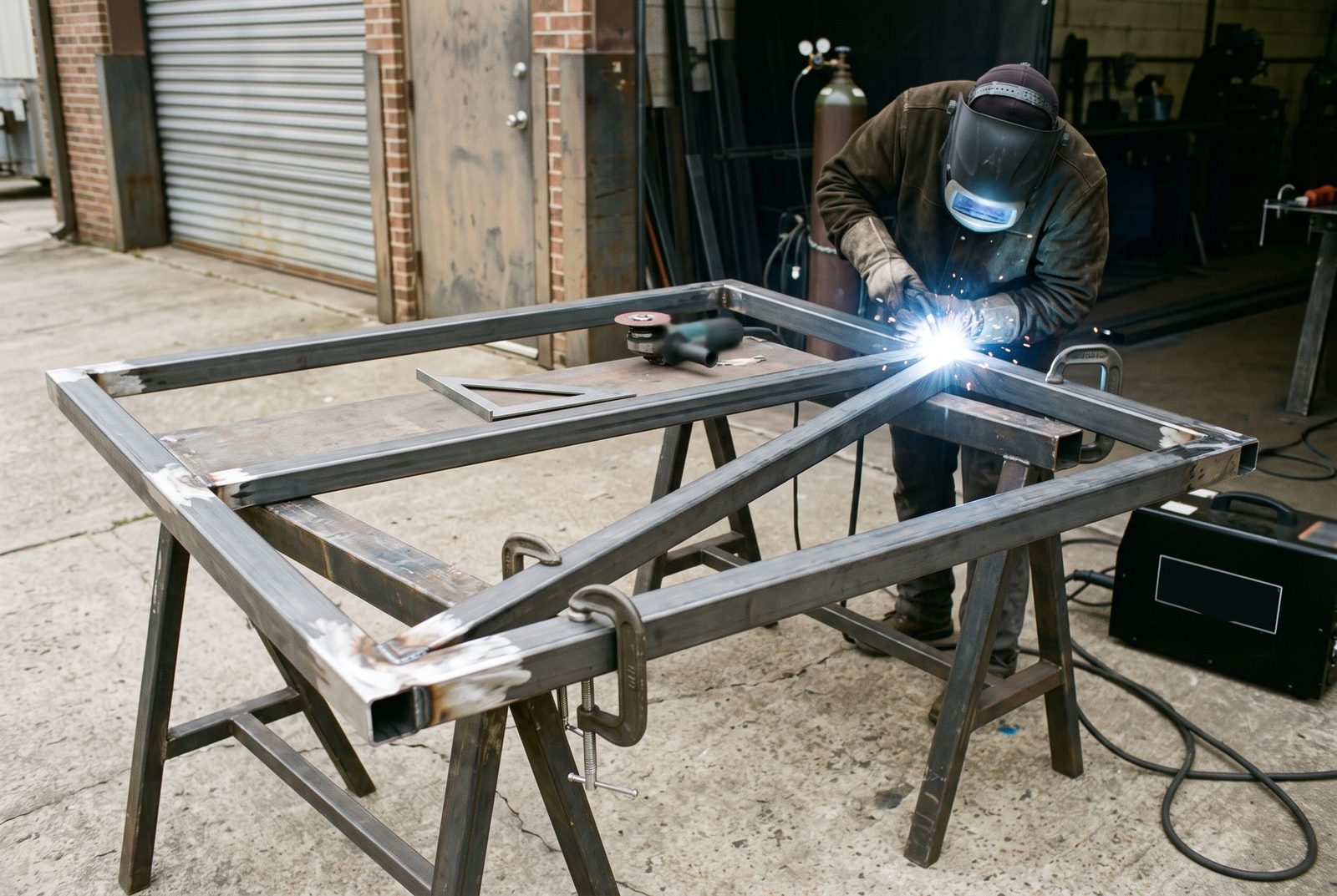 Design rendering of a welder adding a diagonal brace to a square tube gate frame clamped on sawhorses