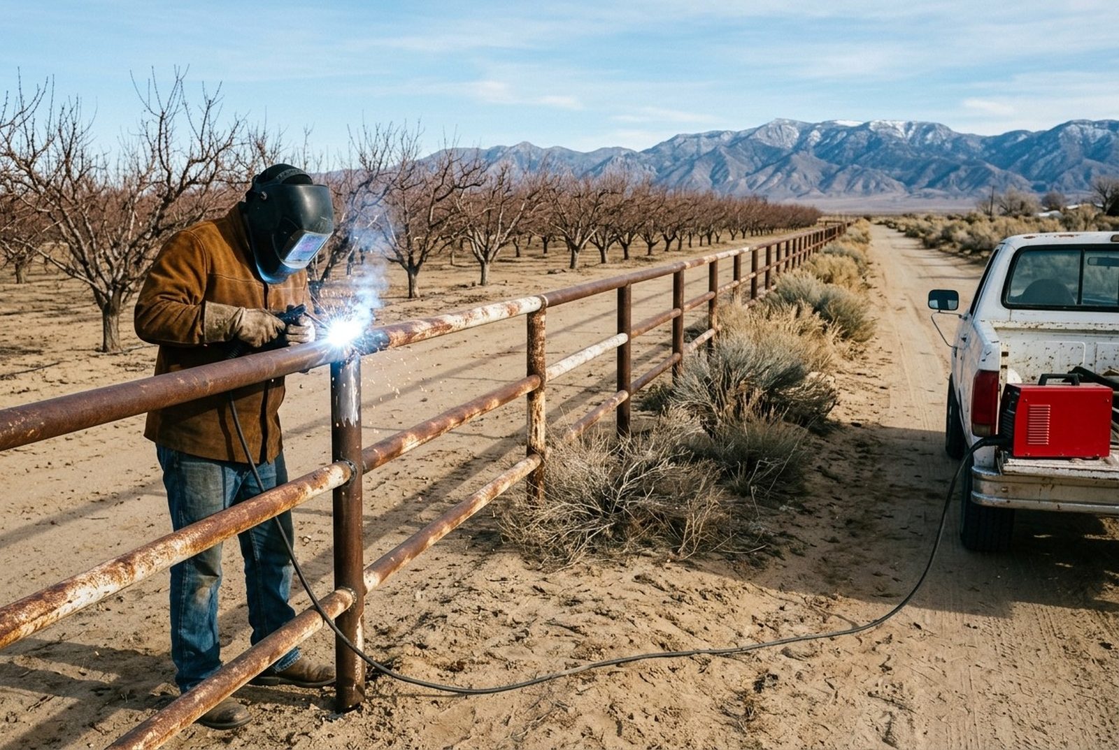 Design rendering of a welder welding a broken pipe rail back onto an old steel fence beside an orchard