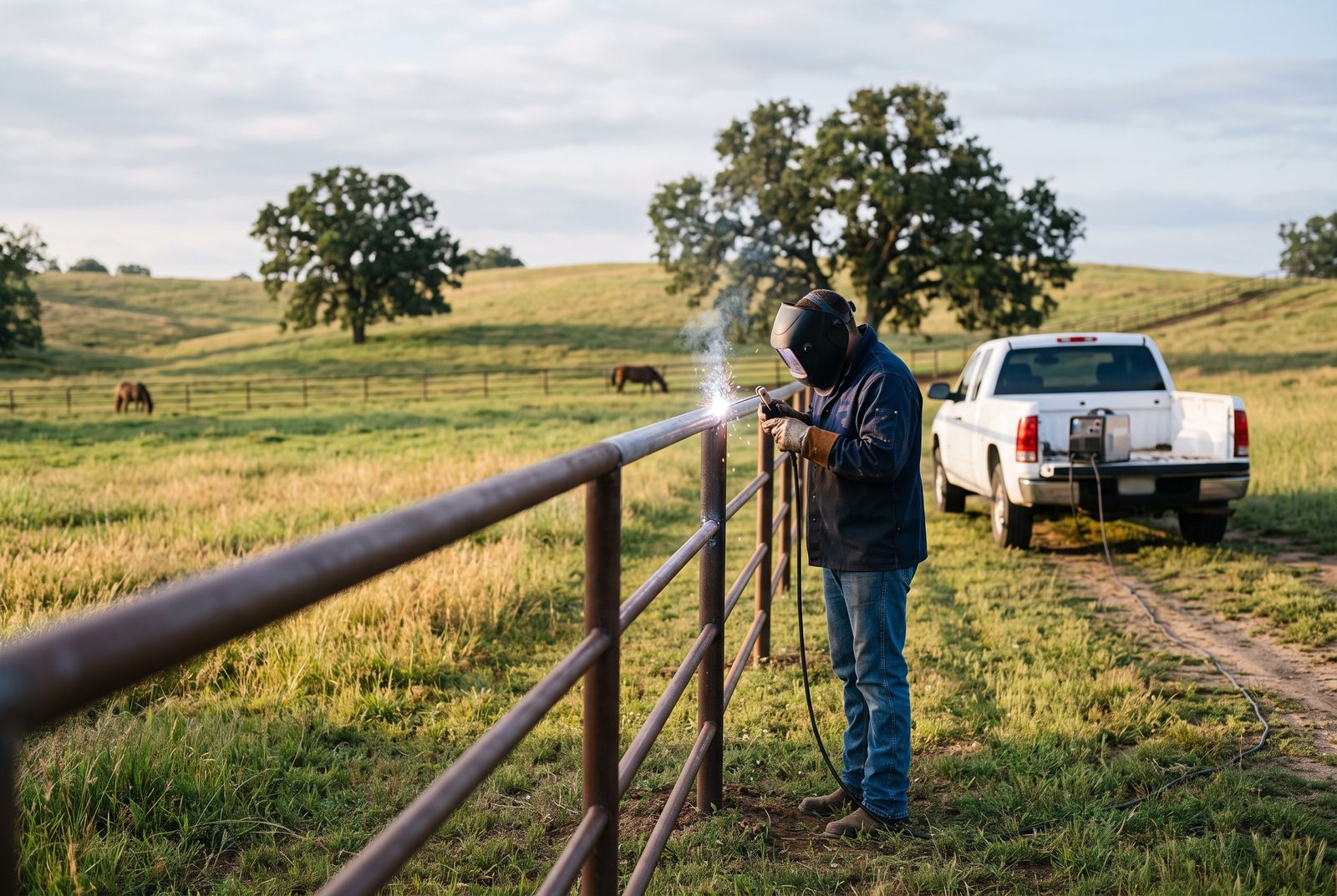 Design rendering of a welder joining a new steel pipe rail to a pipe fence post along a pasture