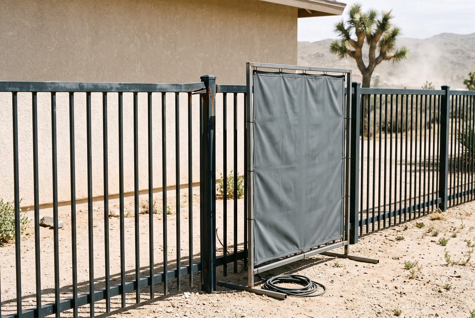 Design rendering of a gray welding screen standing in the wind beside a cracked rail joint on an open steel picket fence