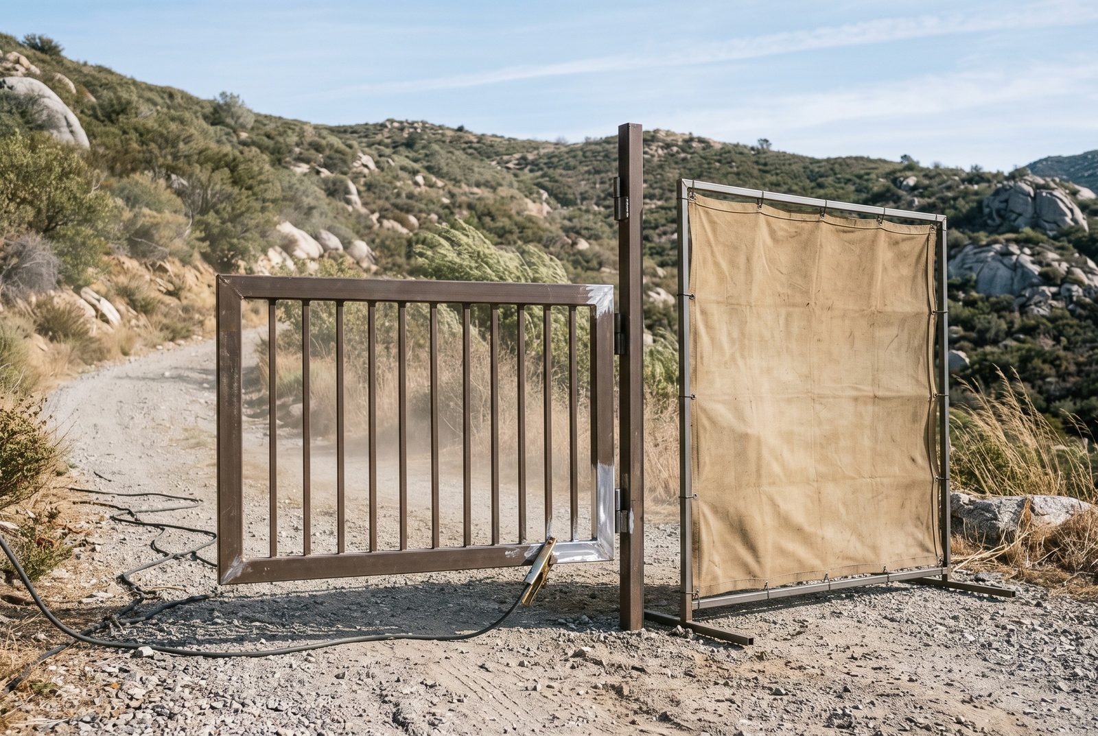 Design rendering of a canvas welding screen beside the bottom corner of an open picket steel gate on a windy hillside