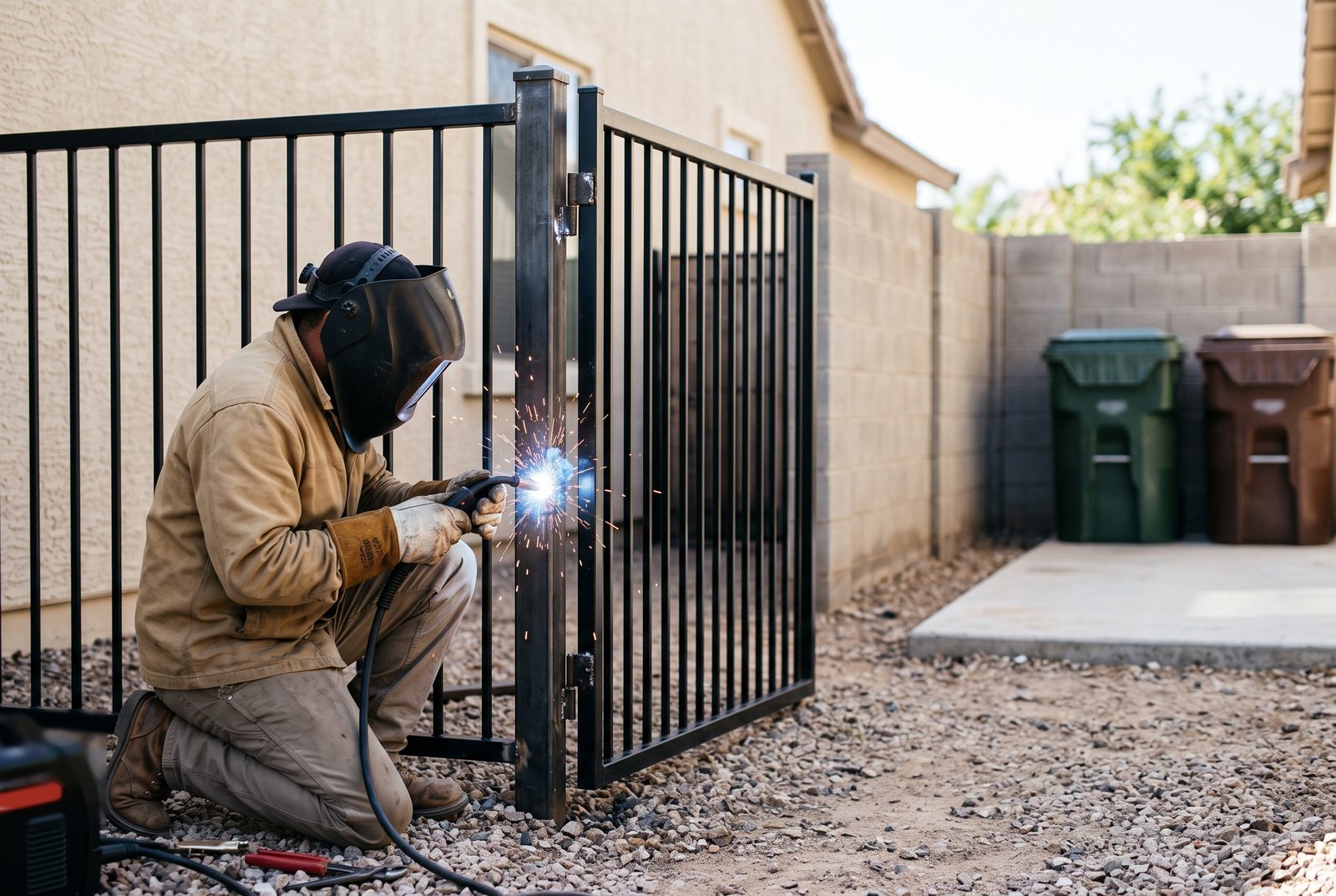 Design rendering of a welder kneeling to weld the hinge post of an open picket side yard gate