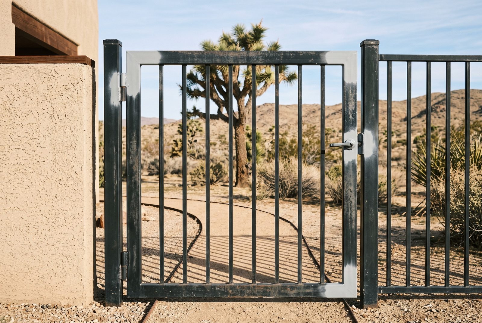 Design rendering of a black steel picket walk gate with fresh gray zinc rich patches over its welded joints