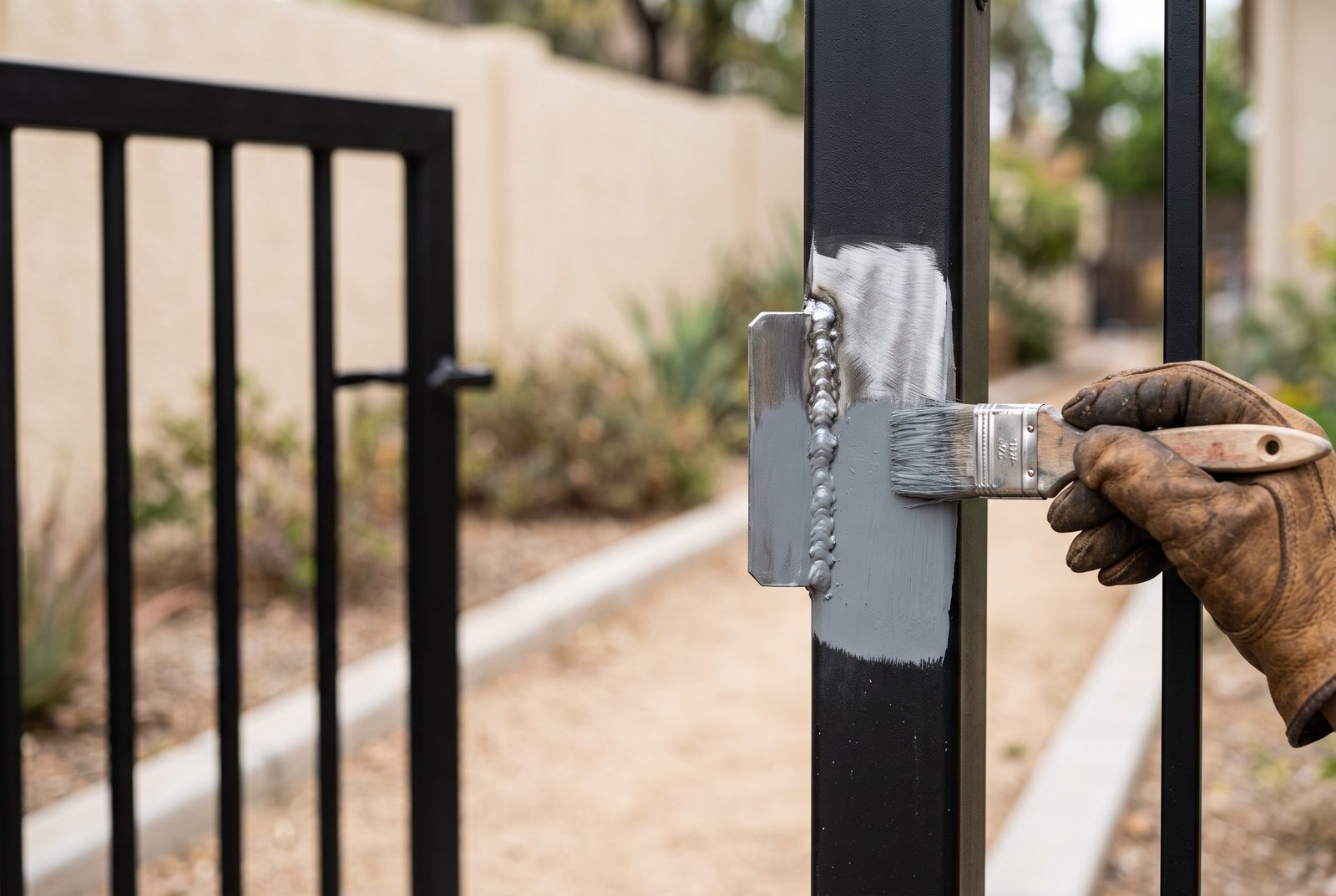 Design rendering of a gloved hand brushing gray zinc rich coating over a freshly welded latch keeper on a gate post